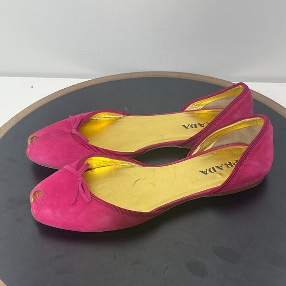 Prada Peep Toe Ballet Flats Women US 7.5 Pink Suede Bow Made in Italy 37.5 - Picture 4 of 11